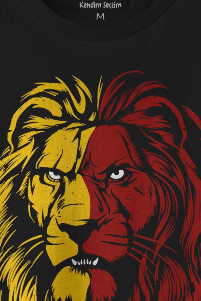 Aslan Kafası Sarı Kırmızı Yeleli Lion Head Baskılı Siyah Tişört Unisex (1)