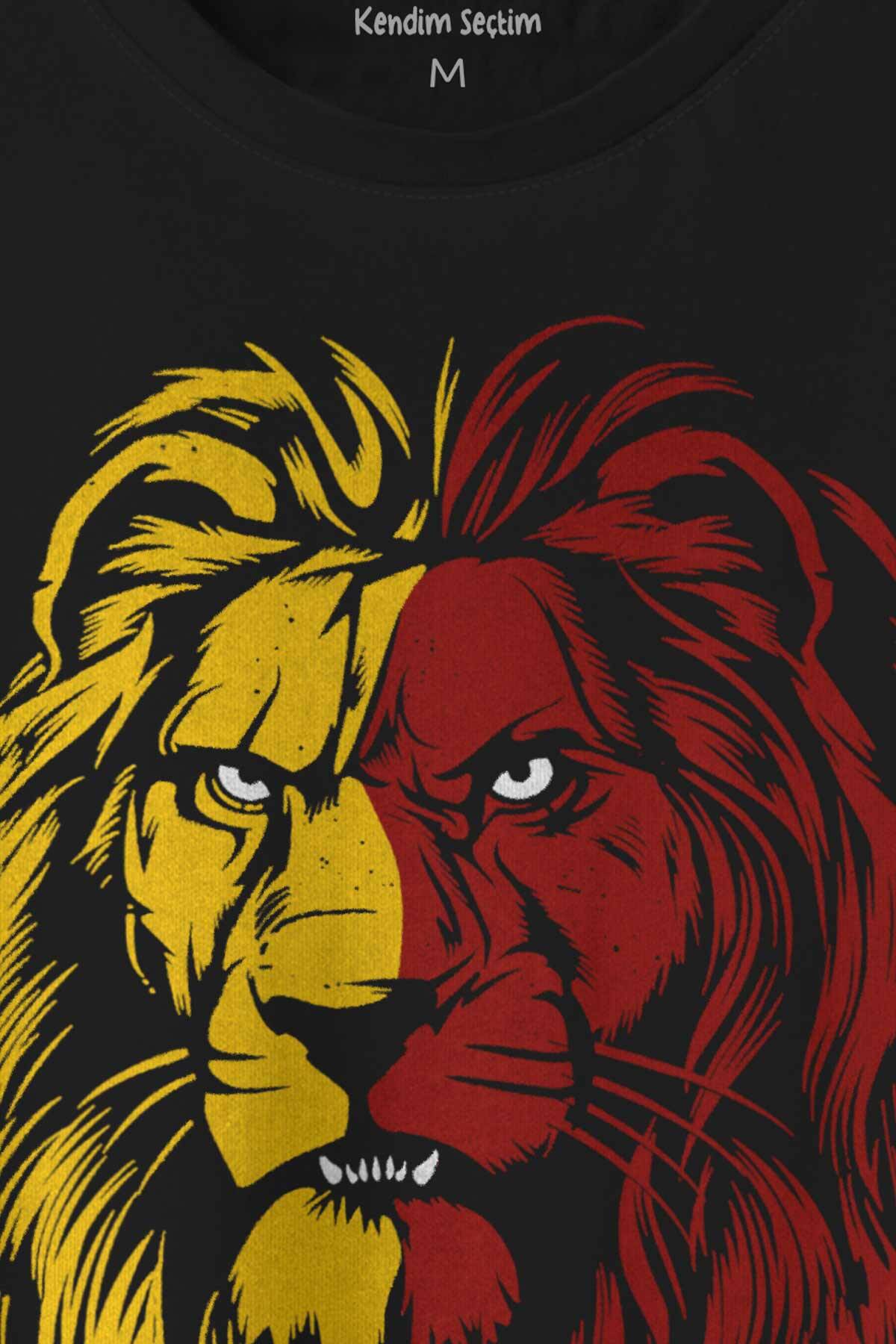 Aslan Kafası Sarı Kırmızı Yeleli Lion Head Baskılı Siyah Tişört Unisex (1)