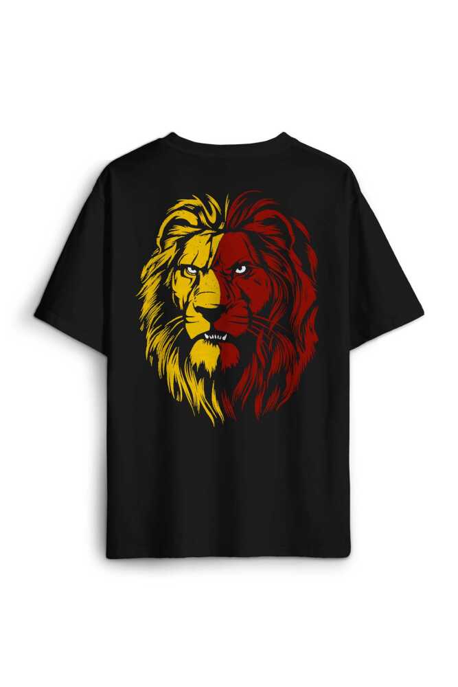 Aslan Kafası Sarı Kırmızı Yeleli Lion Sırt Ön Baskılı Oversize Tişört Unisex