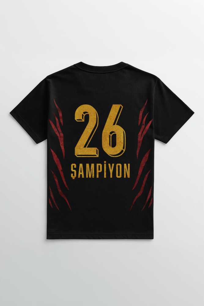 Aslan Ruhu Sarı Kırmızı 5 Yıldız Şampiyon Unisex Siyah Tişört Ön ve Sırt Baskılı Tasarım (1)