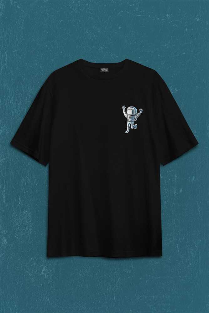 Astronot Dans Uzay Cosmos Space Galaksi Gezegen Sırt Ön Baskılı Siyah Oversize Tişört Unisex
