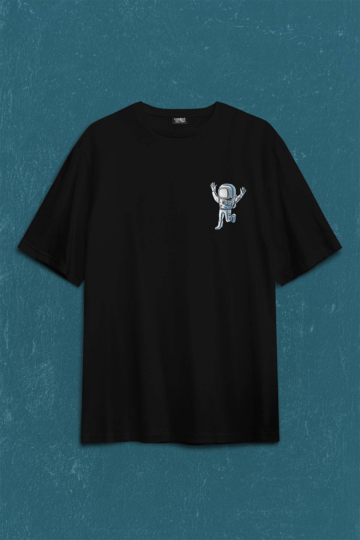 Astronot Dans Uzay Cosmos Space Galaksi Gezegen Sırt Ön Baskılı Siyah Oversize Tişört Unisex