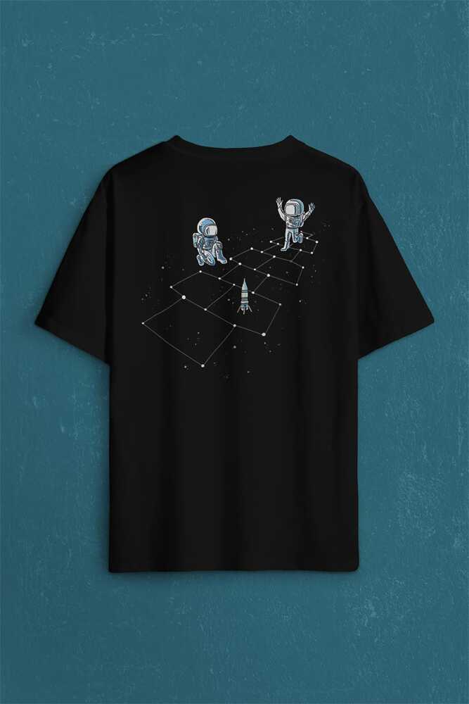 Astronot Dans Uzay Cosmos Space Galaksi Gezegen Sırt Ön Baskılı Siyah Oversize Tişört Unisex (1)