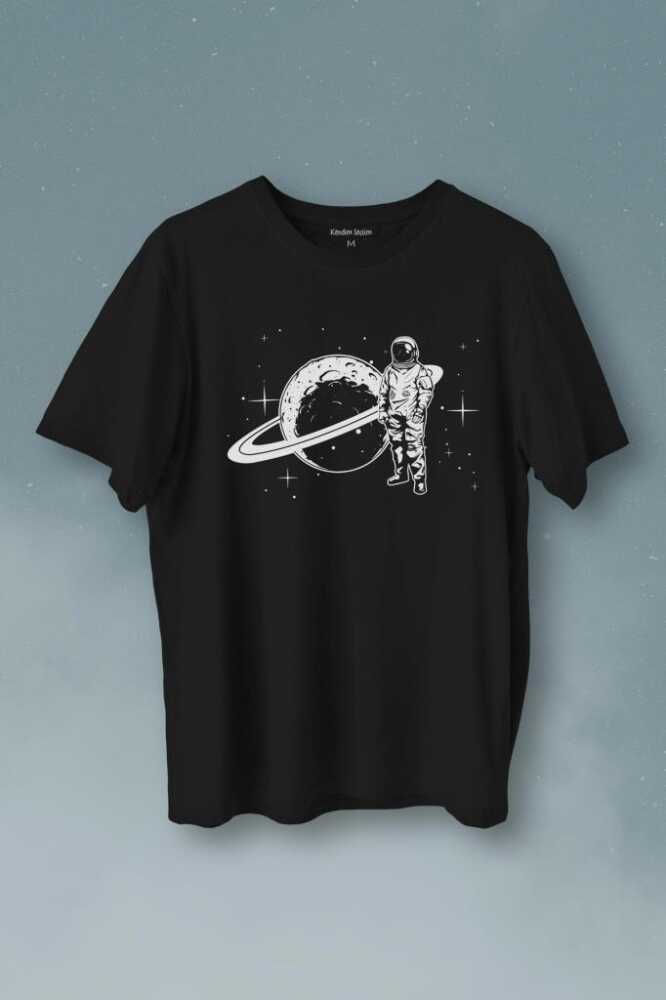Astronot Satürn Halkaları Uzay Cosmos Galaksi Baskılı Siyah Tişört Unisex