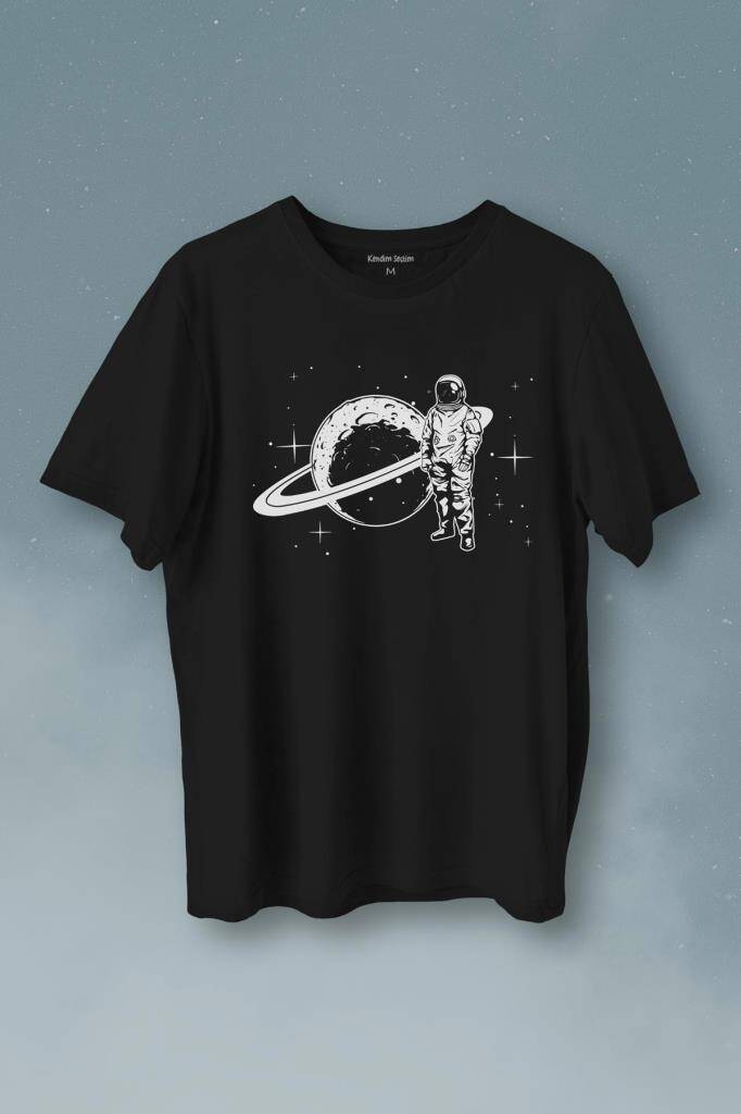 Astronot Satürn Halkaları Uzay Cosmos Galaksi Baskılı Siyah Tişört Unisex