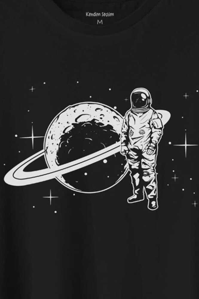 Astronot Satürn Halkaları Uzay Cosmos Galaksi Baskılı Siyah Tişört Unisex (1)