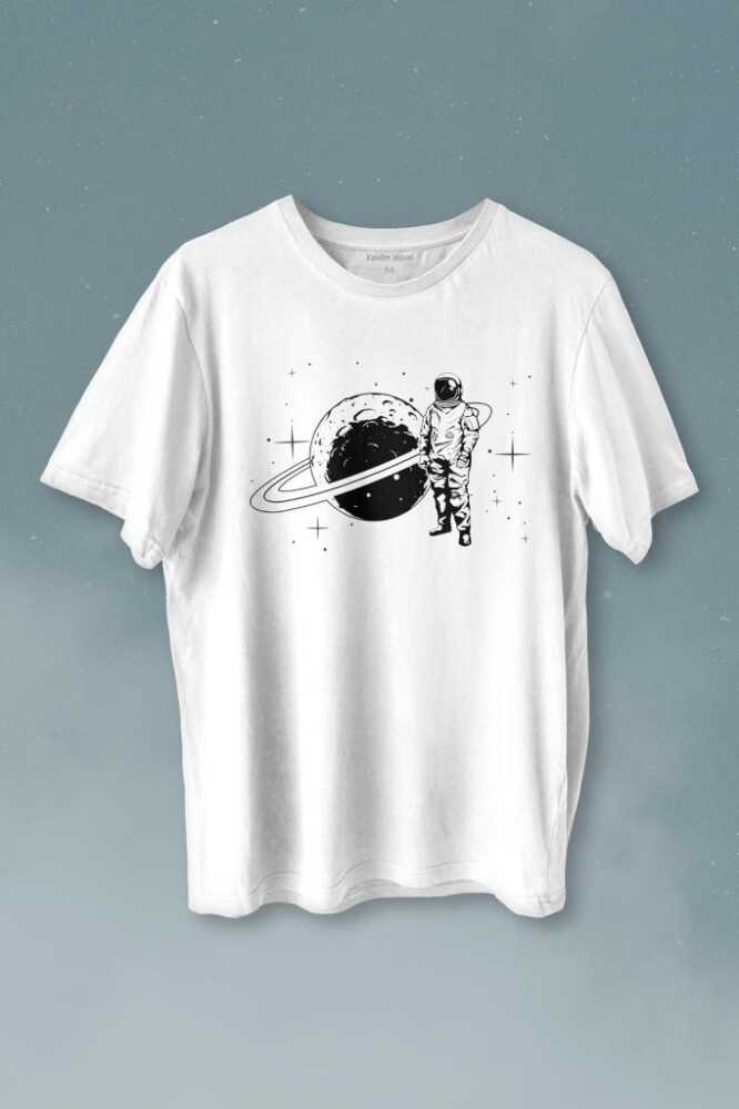 Astronot Satürn Halkaları Uzay Cosmos Galaksi Baskılı Beyaz Tişört Unisex
