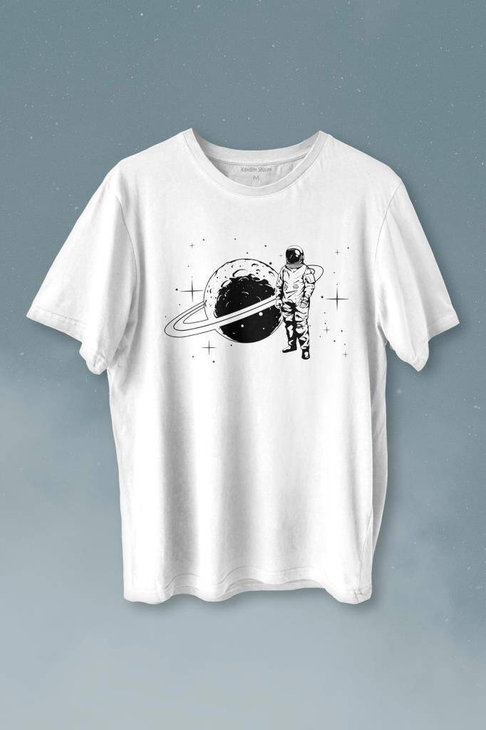 Astronot Satürn Halkaları Uzay Cosmos Galaksi Baskılı Beyaz Tişört Unisex