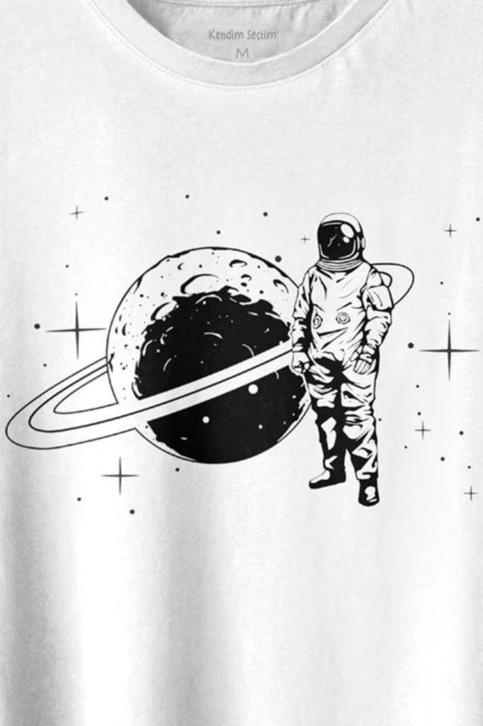 Astronot Satürn Halkaları Uzay Cosmos Galaksi Baskılı Beyaz Tişört Unisex (1)