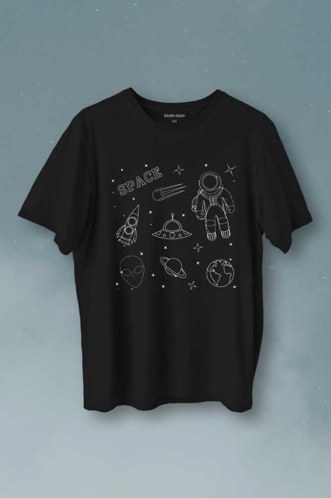 Astronot Uzay Mekiği Space Cosmos Baskılı Siyah Tişört Unisex