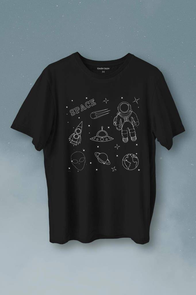 Astronot Uzay Mekiği Space Cosmos Baskılı Siyah Tişört Unisex