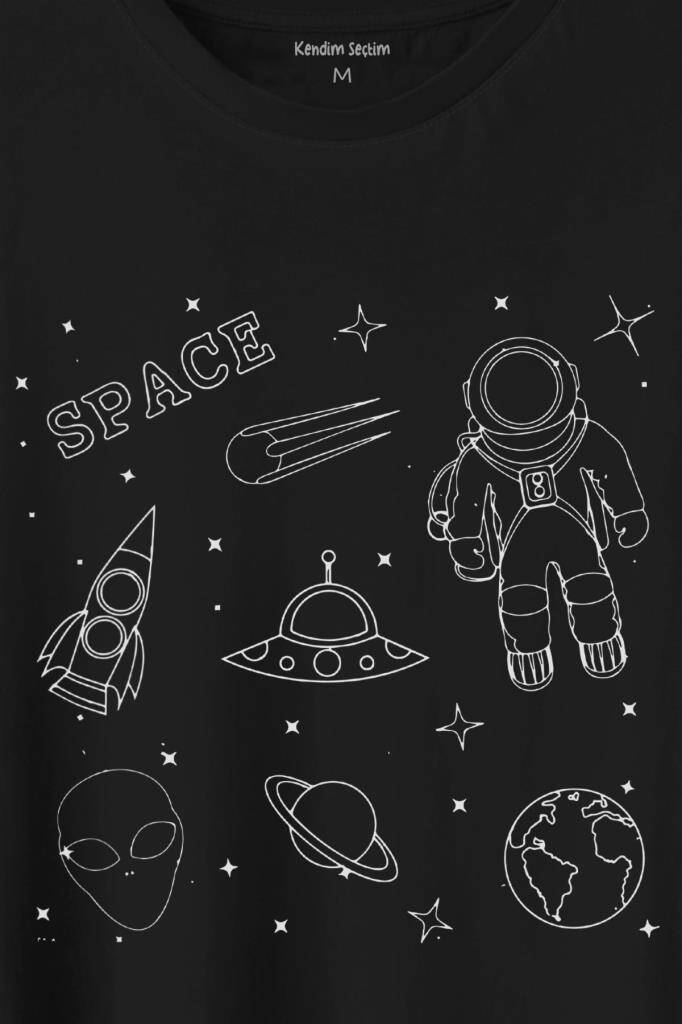 Astronot Uzay Mekiği Space Cosmos Baskılı Siyah Tişört Unisex (1)