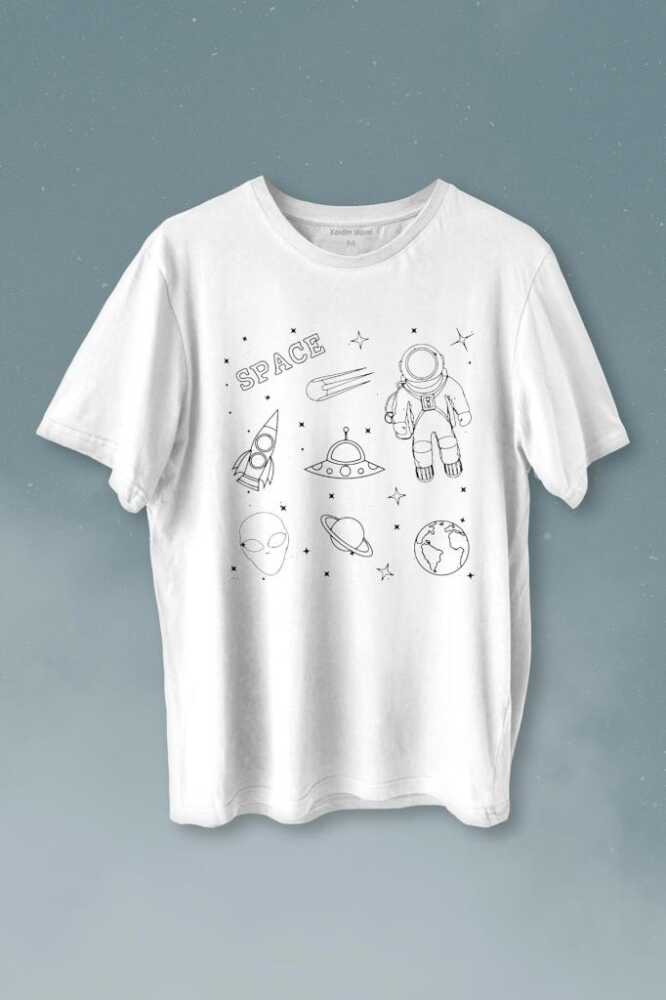 Astronot Uzay Mekiği Space Cosmos Baskılı Beyaz Tişört Unisex