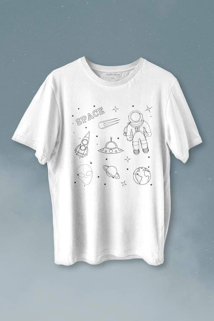 Astronot Uzay Mekiği Space Cosmos Baskılı Beyaz Tişört Unisex