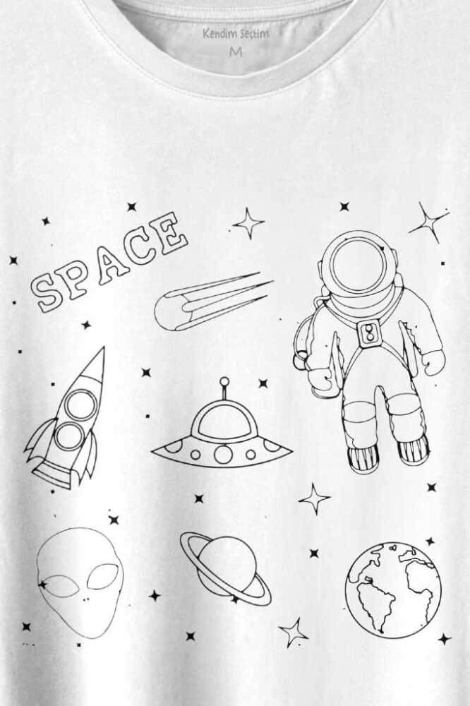 Astronot Uzay Mekiği Space Cosmos Baskılı Beyaz Tişört Unisex (1)