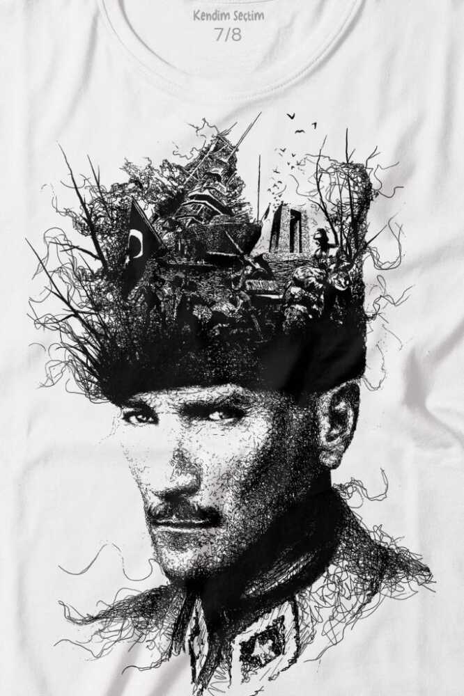 Atatürk Çanakkale Siluet Tipografi Mustafa Kemal Cumhuriyet Baskılı Beyaz Çocuk Tişört (1)