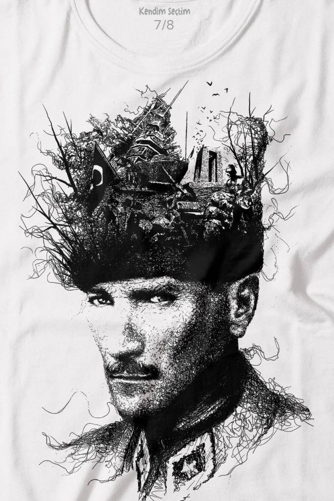 Atatürk Çanakkale Siluet Tipografi Mustafa Kemal Cumhuriyet Baskılı Beyaz Çocuk Tişört (1)
