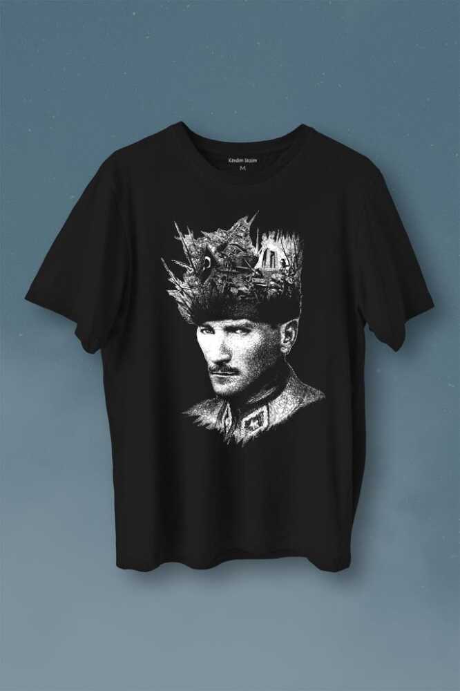 Atatürk Çanakkale Siluet Tipografi Mustafa Kemal Cumhuriyet Baskılı Siyah Tişört Unisex