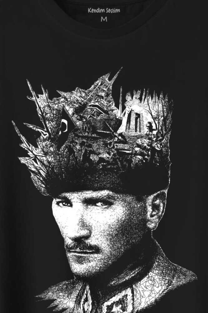 Atatürk Çanakkale Siluet Tipografi Mustafa Kemal Cumhuriyet Baskılı Siyah Tişört Unisex (1)