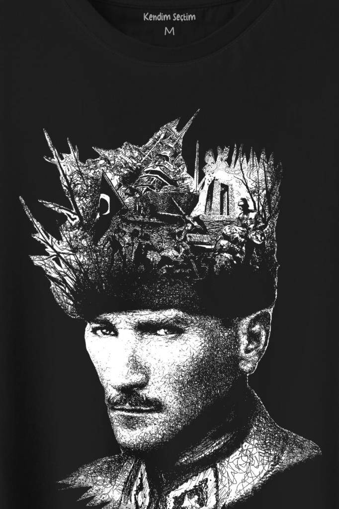 Atatürk Çanakkale Siluet Tipografi Mustafa Kemal Cumhuriyet Baskılı Siyah Tişört Unisex (1)