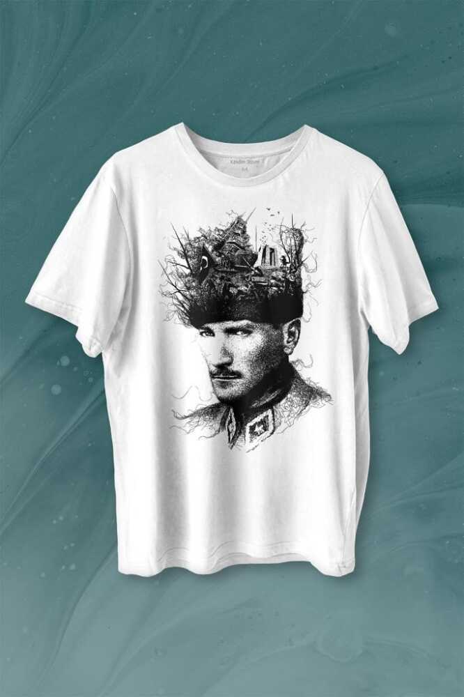 Atatürk Çanakkale Siluet Tipografi Mustafa Kemal Cumhuriyet Baskılı Beyaz Tişört Unisex