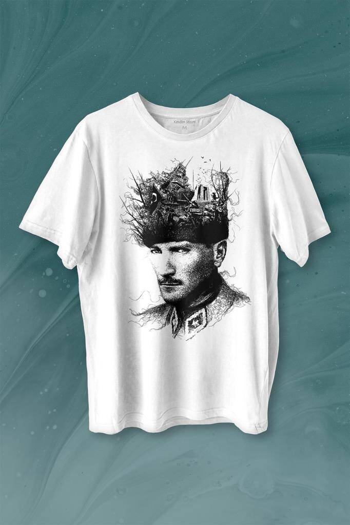 Atatürk Çanakkale Siluet Tipografi Mustafa Kemal Cumhuriyet Baskılı Beyaz Tişört Unisex