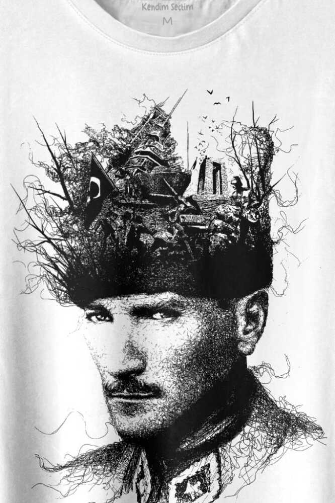 Atatürk Çanakkale Siluet Tipografi Mustafa Kemal Cumhuriyet Baskılı Beyaz Tişört Unisex (1)