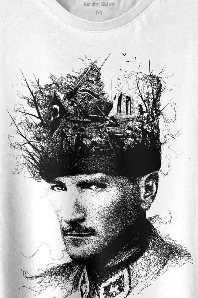 Atatürk Çanakkale Siluet Tipografi Mustafa Kemal Cumhuriyet Baskılı Beyaz Tişört Unisex (1)