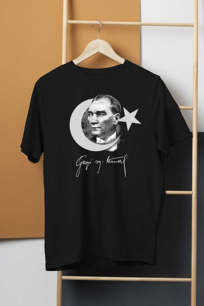 Atatürk Gazi Mustafa Kemal 10 Kasım Türk Bayrağı Baskılı Siyah Unisex Tişört