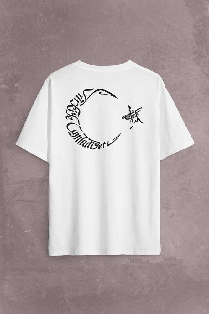Atatürk TC Türk Bayrağı Osmanlıca Arapça Sırt Ön Baskılı Beyaz Oversize Tişört Unisex (1)
