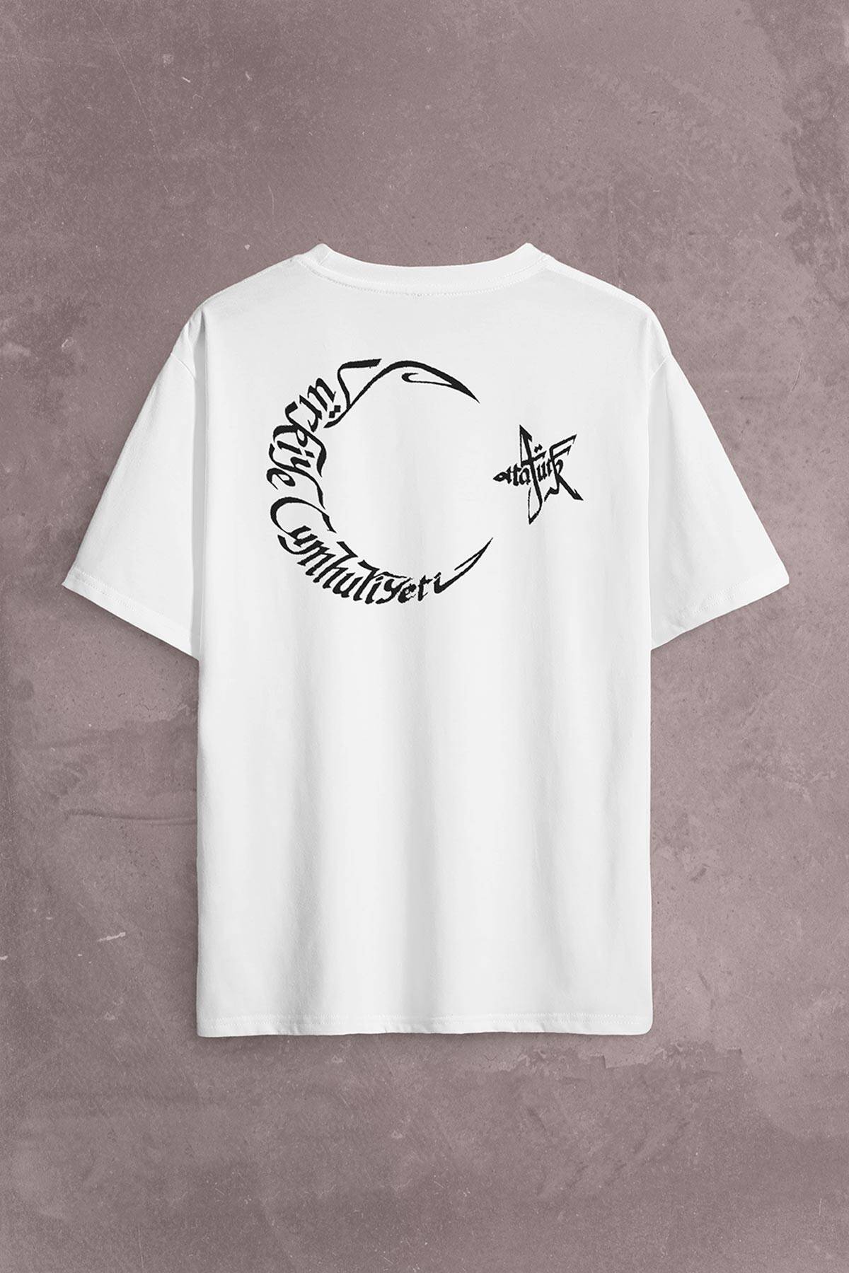 Atatürk TC Türk Bayrağı Osmanlıca Arapça Sırt Ön Baskılı Beyaz Oversize Tişört Unisex (1)