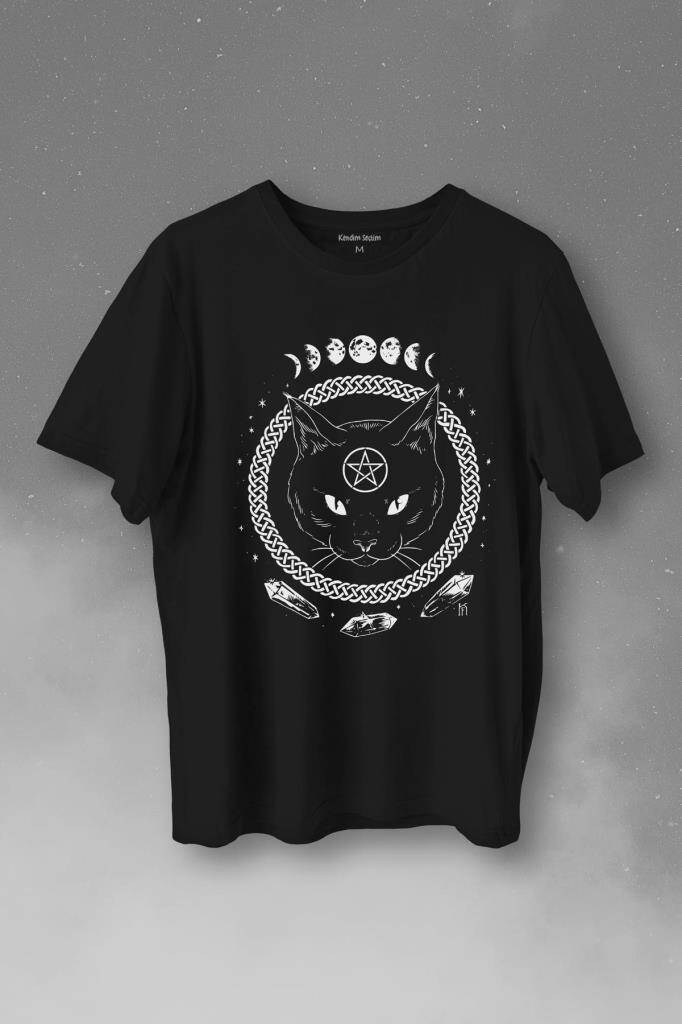 Ay Evreleri Moon Black Cat Siyah Kedi Baskılı Siyah Tişört Unisex
