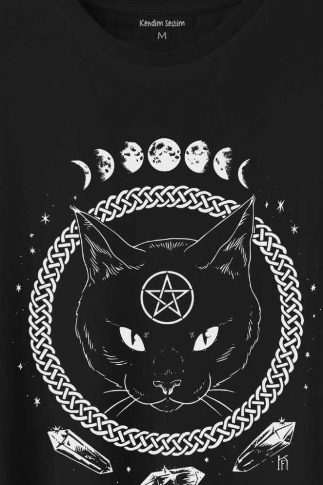 Ay Evreleri Moon Black Cat Siyah Kedi Baskılı Siyah Tişört Unisex (1)