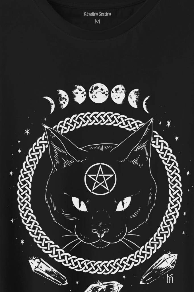 Ay Evreleri Moon Black Cat Siyah Kedi Baskılı Siyah Tişört Unisex (1)