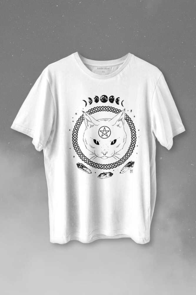 Ay Evreleri Moon Black Cat Siyah Kedi Baskılı Beyaz Tişört Unisex
