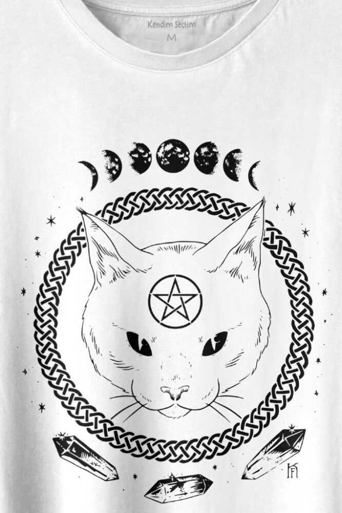 Ay Evreleri Moon Black Cat Siyah Kedi Baskılı Beyaz Tişört Unisex (1)