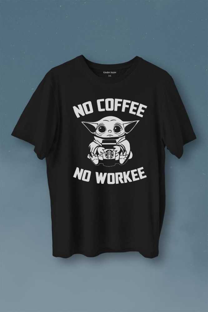 Baby No Coffee No Workee Star Kahve Minimal Baskılı Siyah Tişört Unisex