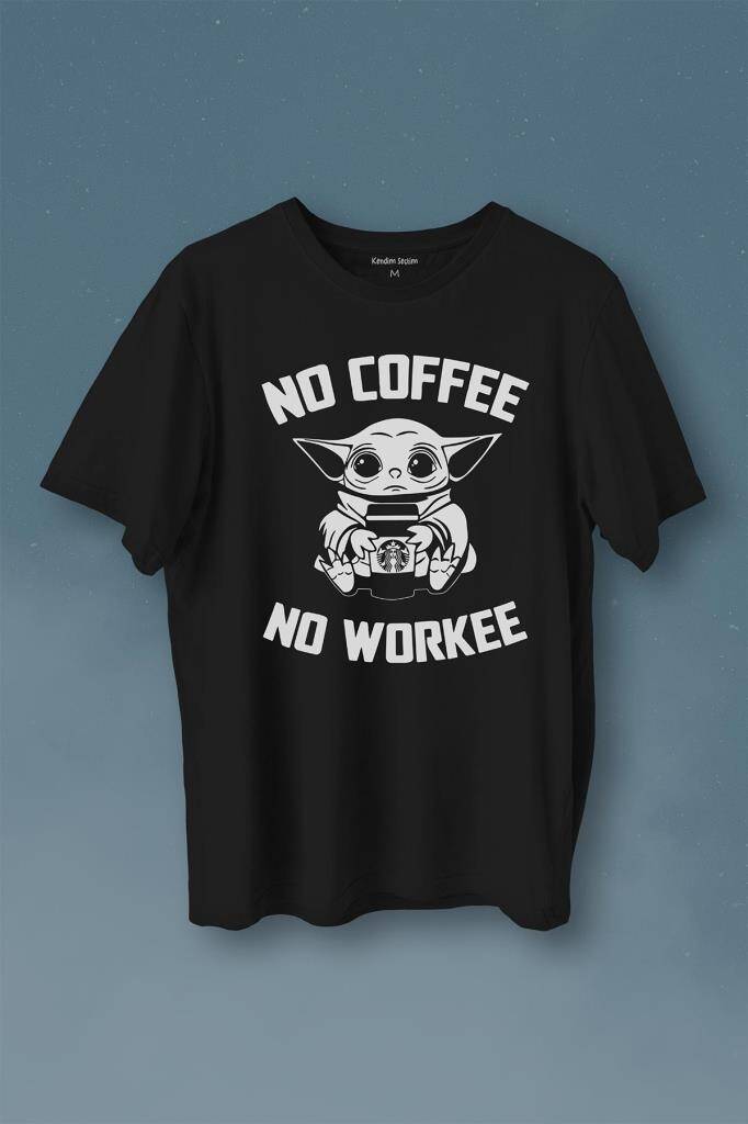 Baby No Coffee No Workee Star Kahve Minimal Baskılı Siyah Tişört Unisex