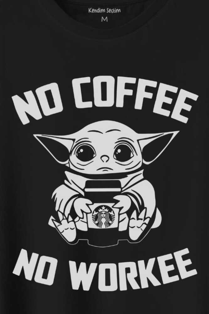 Baby No Coffee No Workee Star Kahve Minimal Baskılı Siyah Tişört Unisex (1)