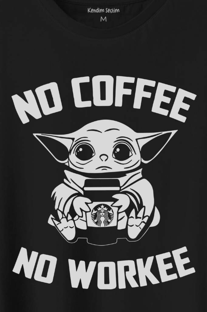 Baby No Coffee No Workee Star Kahve Minimal Baskılı Siyah Tişört Unisex (1)