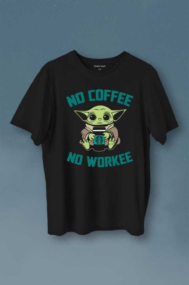 Baby No Coffee No Workee Star Kahve Baskılı Siyah Tişört Unisex