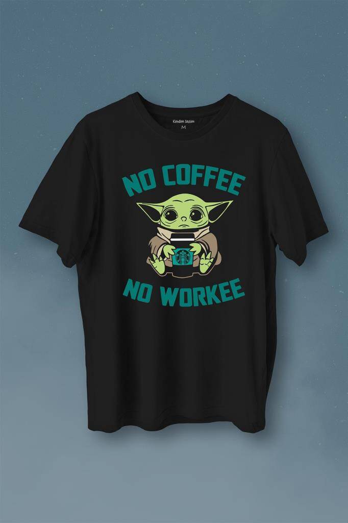 Baby No Coffee No Workee Star Kahve Baskılı Siyah Tişört Unisex