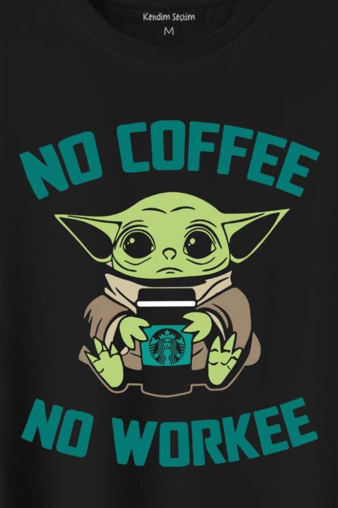 Baby No Coffee No Workee Star Kahve Baskılı Siyah Tişört Unisex (1)