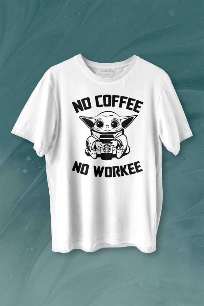 Baby No Coffee No Workee Star Kahve Minimal Baskılı Beyaz Tişört Unisex