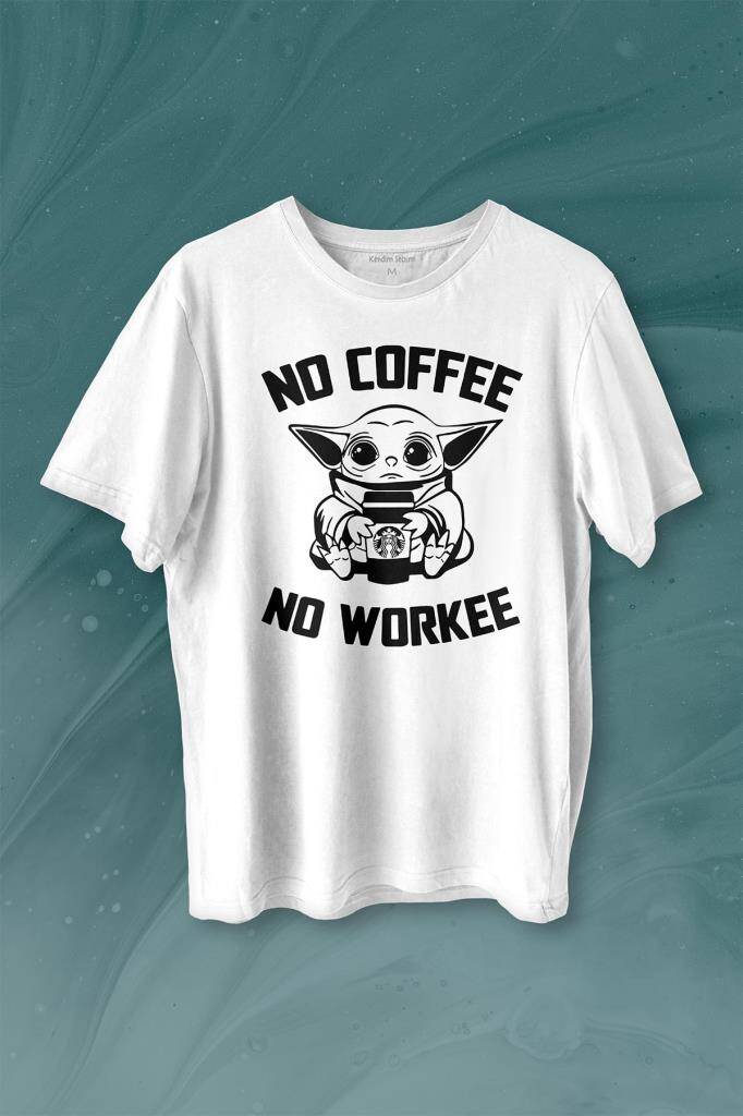 Baby No Coffee No Workee Star Kahve Minimal Baskılı Beyaz Tişört Unisex