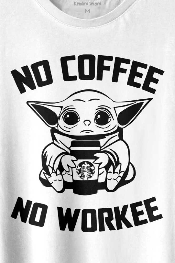 Baby No Coffee No Workee Star Kahve Minimal Baskılı Beyaz Tişört Unisex (1)