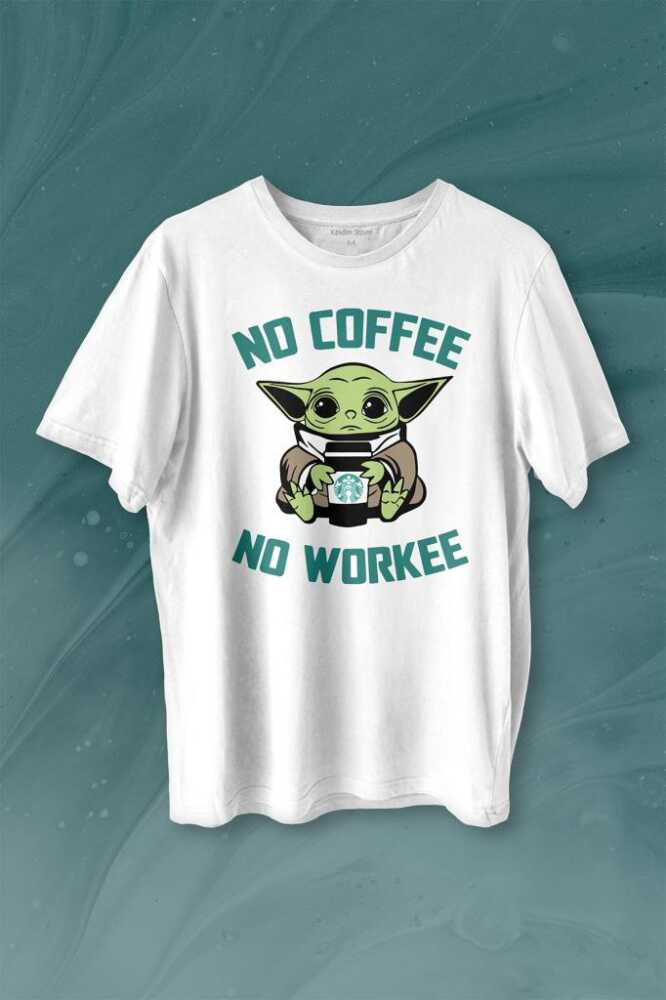 Baby No Coffee No Workee Star Kahve Baskılı Beyaz Tişört Unisex