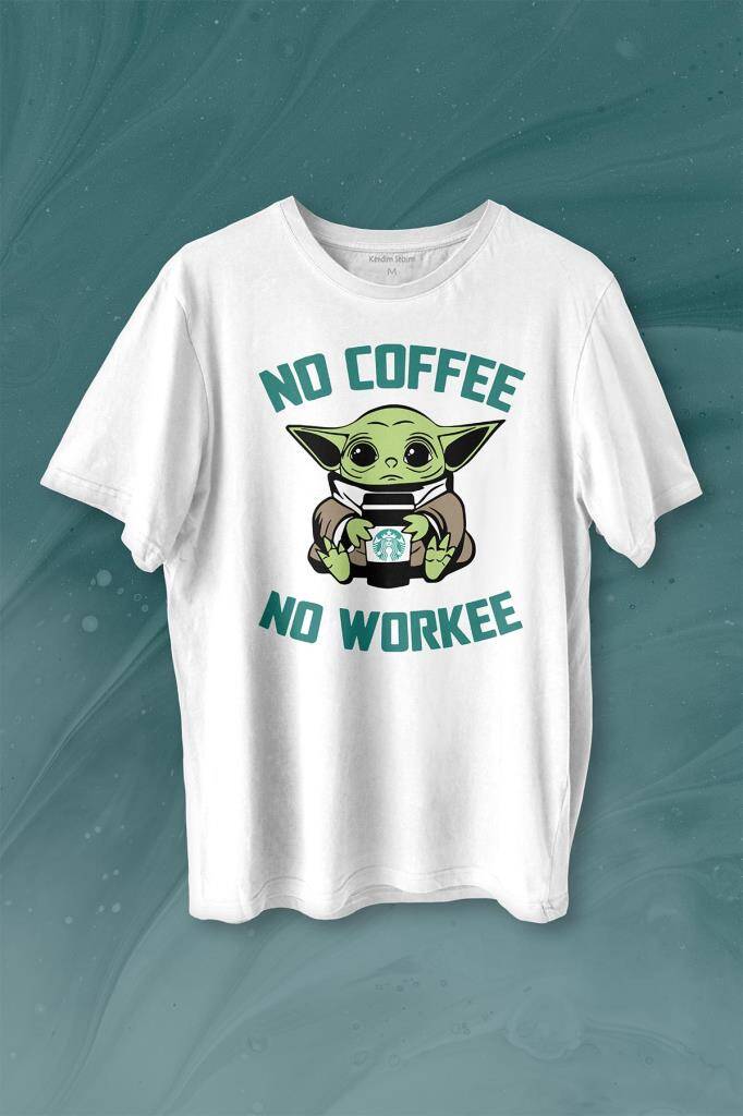 Baby No Coffee No Workee Star Kahve Baskılı Beyaz Tişört Unisex