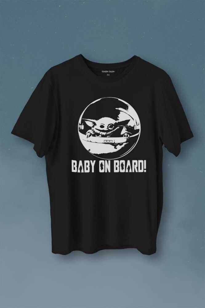 Baby On Board Yoda Star Wars Bebek Mandalorian Jedi Baskılı Siyah Tişört Unisex