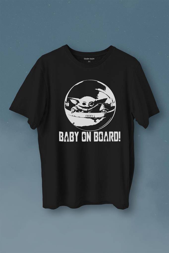 Baby On Board Yoda Star Wars Bebek Mandalorian Jedi Baskılı Siyah Tişört Unisex